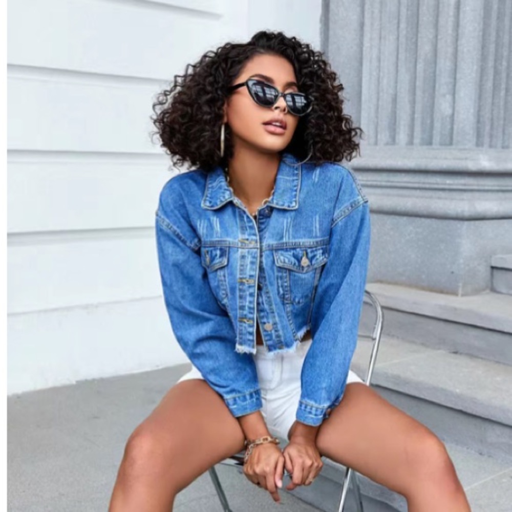 NEW Cropped Denim Jeans Jacket Distressed